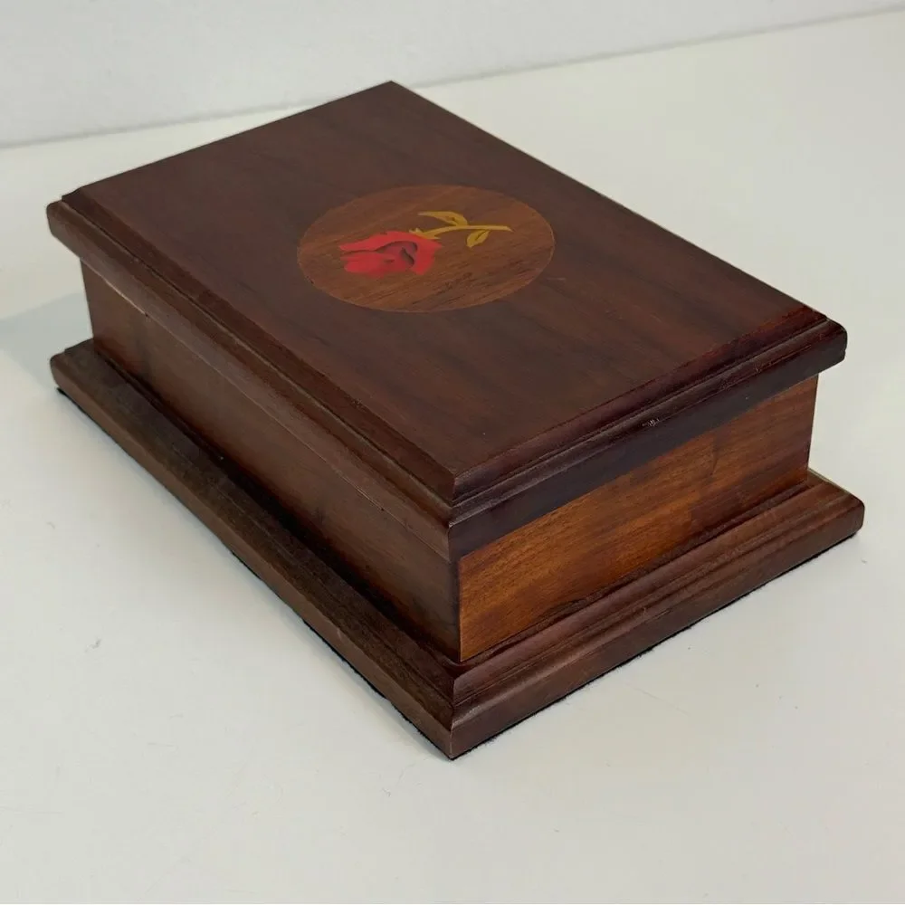 Walnut Rose Inlaid Wooden Trinket Box 9x6